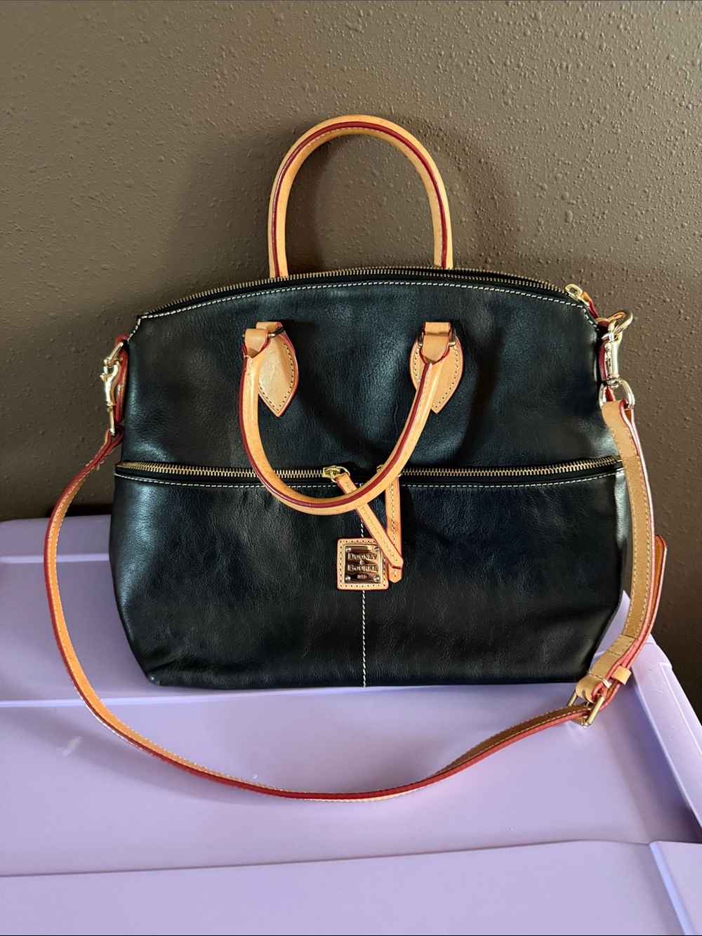 Dooney & Bourke Black Leather Shoulder Bag with Tan & Red Trim